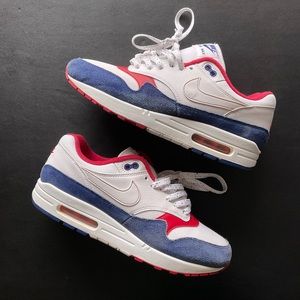 Nike Air Max 1 White Red Blue, Mens Size 10, Pre-Loved, New custom laces.